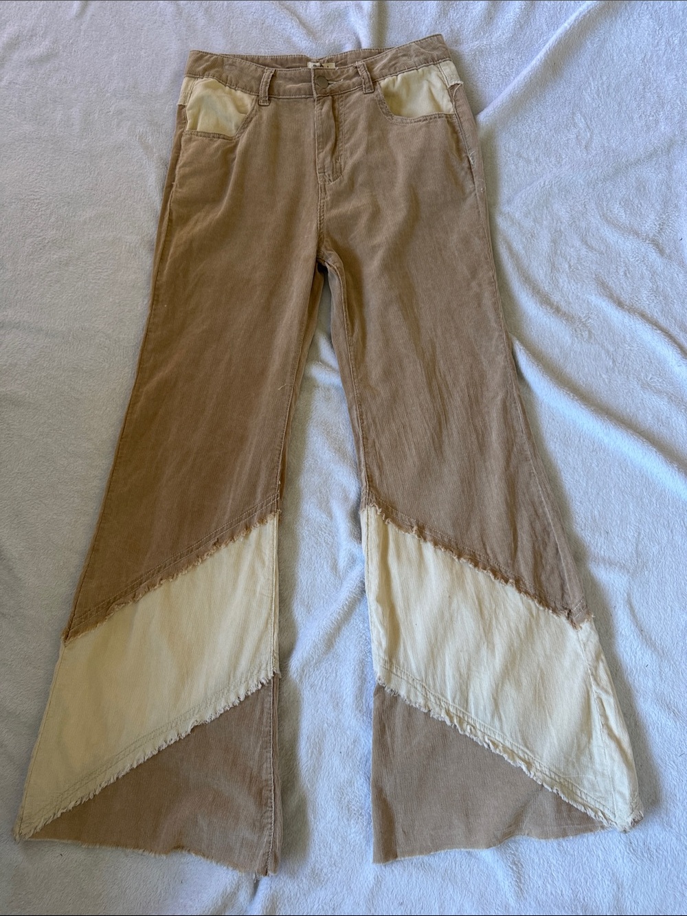 POL Two-Tone Corduroy Flare Pants in Brown and Cream